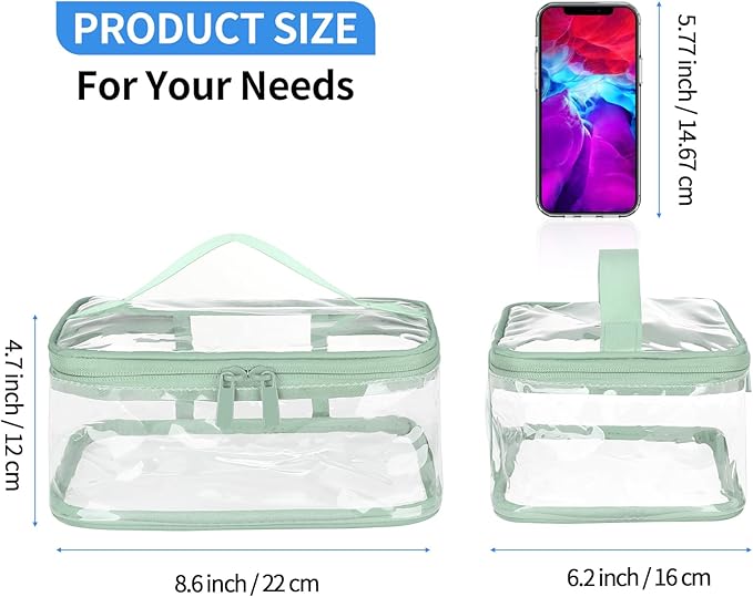 HAOGUAGUA 2 Pieces Clear Makeup Bags Cosmetic Toiletry Bags for Traveling, Waterproof Travel Transparent TSA APPROVED Carry On Airport Airline Compliant Bag (2 PIECES GREEN)