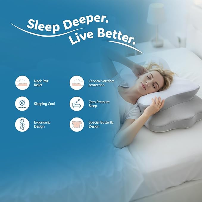 Talc-Free Cervical Memory Foam Pillow for Neck and Shoulder, Butterfly-Shaped Ergonomic Breathable Pillow for Side Back Stomach Sleepers with Pillowcase, Skin-Friendly Fabric
