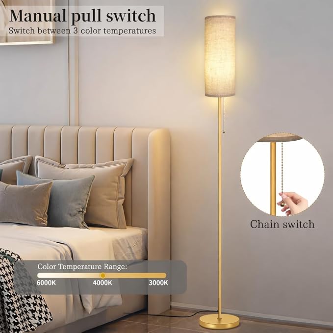 Ldeco Modern Floor Lamp for Living Room, Gold Standing Lamps with 3 Color Temperatures Bulb, Minimalist Tall Lamp with Chain Switch for Bedroom, LED Bulb Included(Beige Shade+Gold)