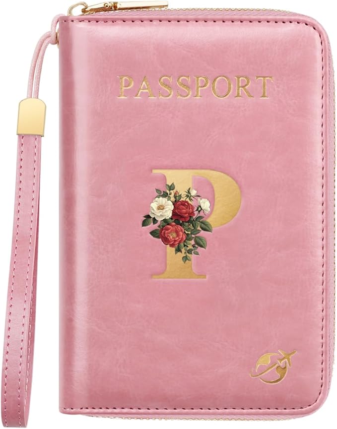 Passport Holder for Travel Personalized Passport Holder Initial Letter Rose Flower RFID Blocking Travel Wallets Credit Cards Holder for Women Men, Pink P