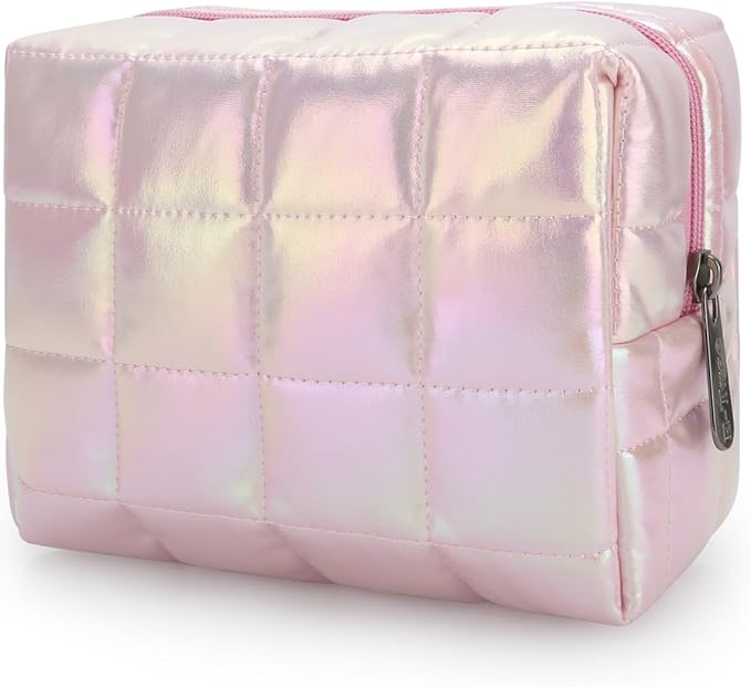 E-Tree Cute Makeup Bag,Quilted Cosmetic Bag,Make up Pouch for Purse,Toiletry Zipper Pouch,Checkered Bag,Travel Case,Storage Pouches for Organization (Dazzling Pink)