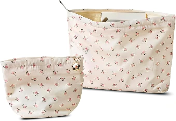 HAPPYHEIDI Makeup Bag Set of 2, Cute Accessory Pouch, Cotton, Floral, Zipper Closure, Large 10.2x7.8x2 Inches, Lightweight