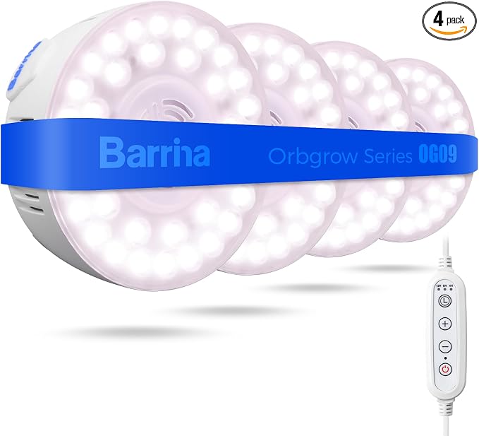 Barrina OG09 Puck Grow Light, 36W(4 x 9W), Pinkish White, Timer, 4 Packs | Full Spectrum Plant Light for Indoor Plants, Magnetic & Linkable, 5 Levels Dimmable, Small Grow lamp, Perfect for Plant Shelf