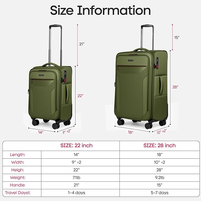 2PCS Set（22in/28in）Softside Luggage Sets w/TSA LOCK,Expandable 20% Luggage w/Spinner Wheels,Upright Spinner Softshell,Lightweight Durable Rolling Travel Luggage Set for Men/Women（Green,22in/28in）