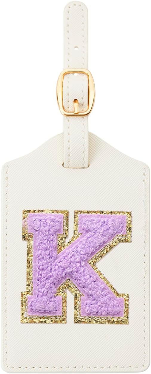 Embroidered Luggage Tag – Initial Bag Tag for Suitcase, Backpack, Carry-On, Duffel – Faux Leather Travel Accessory, Name Identifier, ID Label for Travel Bags (K, White Leather+Purple Letter)
