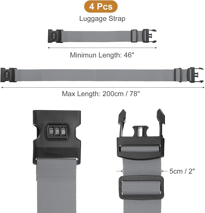 MECCANIXITY Luggage Straps with Combination Lock Adjustable Suitcase Belt Strap for Suitcase Briefcase Backpack Travel, Gray, Pack of 4