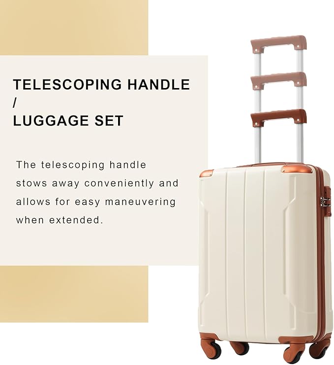20 Inch Carry On Luggage, Lightweight ABS Hard Shell Suitcase with Spinner Wheels, Durable Travel Luggage with Combination Lock & Side Hooks for Men Women, White Brown