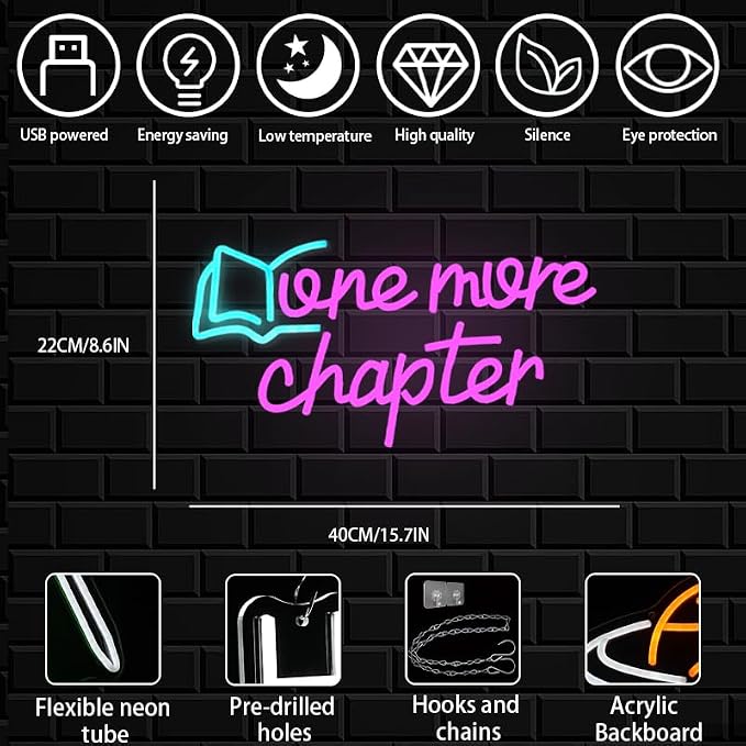 One More Chapter Neon Sign Read Book Neon Light for Wall Decor Dimmable Pink Letter Reading LED Neon Sign for Study,Library,Book Shop,Classroom Decoration