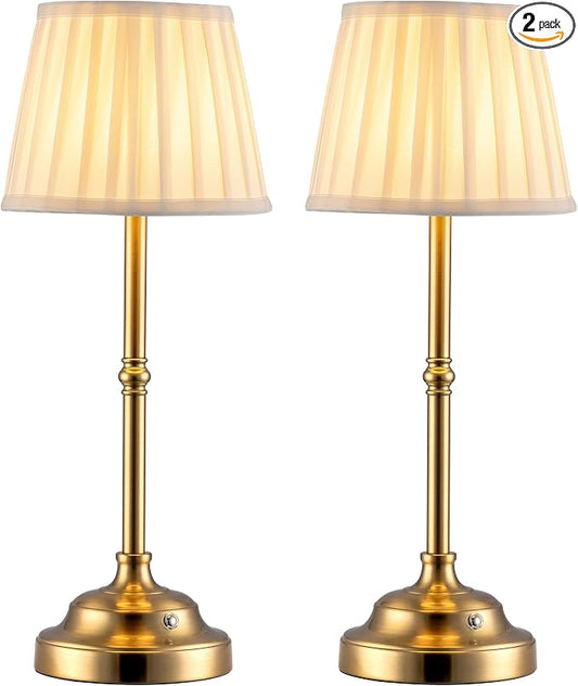 KDG Gold Cordless LED Table Lamps Set of 2, Beige Fabric Shade Desk Lamps | Portable 4000mAh Rechargeable Battery Powered, Dimmable Lighting for Dining Room, Bedroom, Bedside, Night Light, Balcony