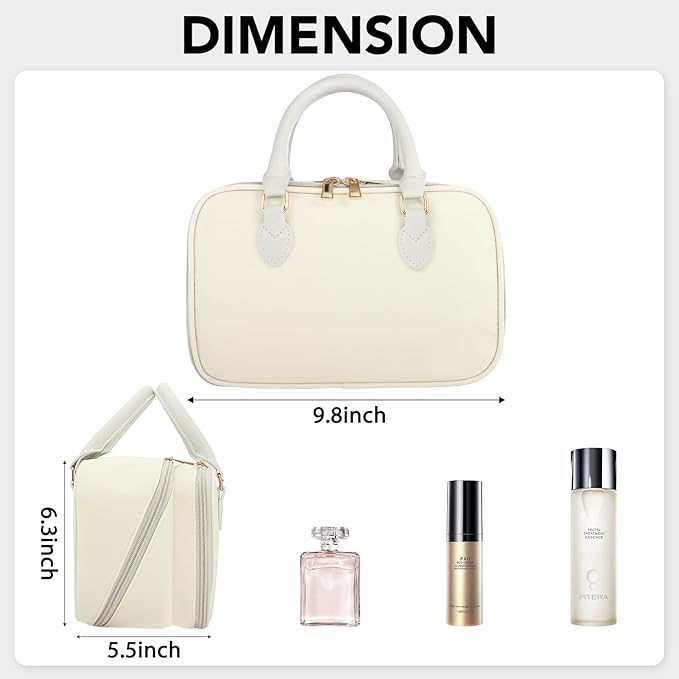 Travel Makeup Bag for Women Fashion Large Capacity Pouch Open Flat Cosmetic Portable Organizer Waterproof Large Opening Storage Toiletry Bags Vertical Free-Standing Brush Holder for Easy Access Beige