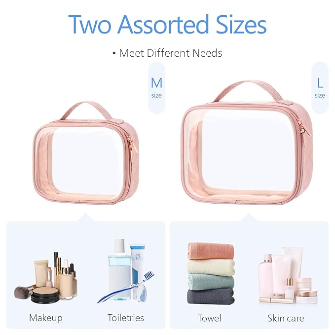 PACKISM Clear Makeup Bag Combo Pack, 1 TSA Approved Medium & Large for Checked Luggage, Clear Toiletry Bag with Handle, Water-resistant Travel Essentials Organizer, Rose Pink
