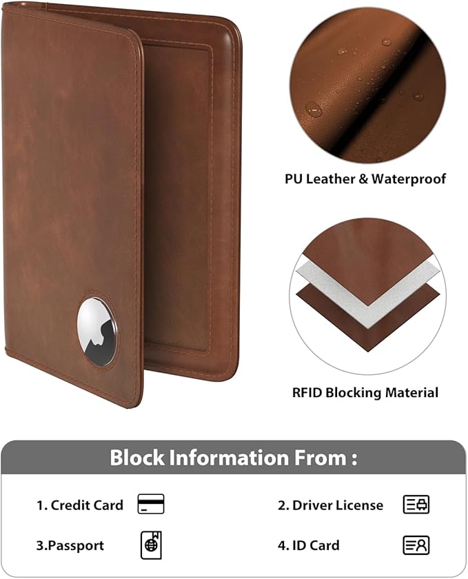 Stouchi AirTag Passport Holder, RFID Passport Holder with Airtag Slot, Multiple Passport Wallet Cover for Men, Leather Passport Case, Anti-Lost Waterproof Travel Accessories, Brown