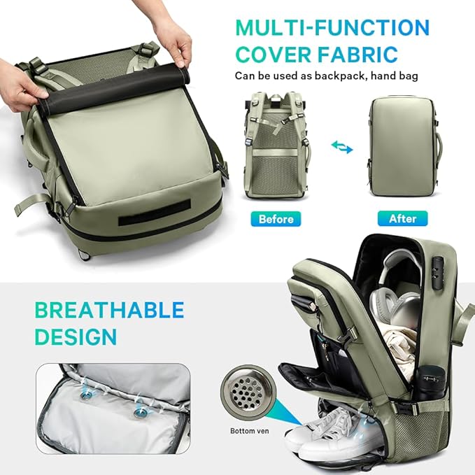 FUTURE AESTHEICS Travel backpack Carry-on Travel Backpack For Women Men Flight Approved Business Weekender Overnight Waterproof Daypack (Green)