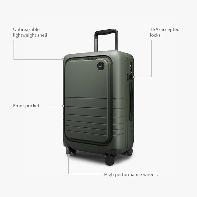 Monos Carry-On Pro Plus Luggage (23"), Hardside Spinner Suitcase with TSA Lock & Front Pocket, Airline Approved, Olive Green