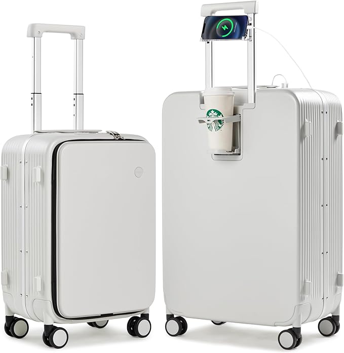 mixi 2-Piece Luggage Sets with Cup Phone Holder and Charger Hard Shell Suitcases with Spinner Wheels, 20+26 Smoke White