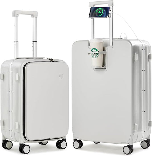 mixi 2-Piece Luggage Sets with Cup Phone Holder and Charger Hard Shell Suitcases with Spinner Wheels, 20+26 Smoke White
