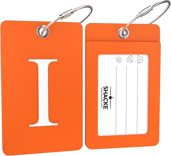 Shacke Luggage Tag Initial – Fully Bendable Tag w/Stainless Steel Loop - Orange (Letter I)