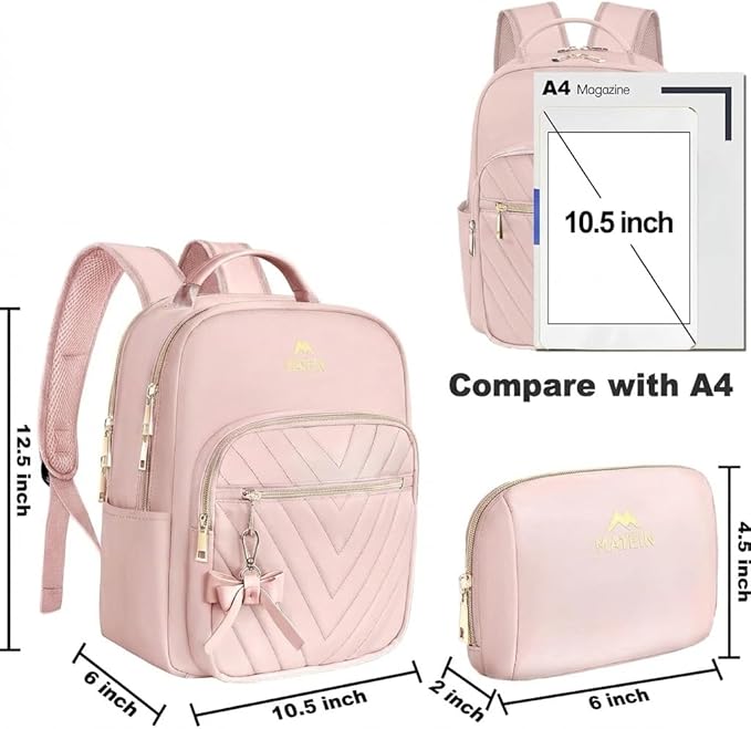 MATEIN Bowknot Cute Backpack Purse, Fashion Mini Shoulder Bag, Waterproof Lightweight Travel Daily Backpack College Handbag for Ladies Women, 2pcs Sets, Pink