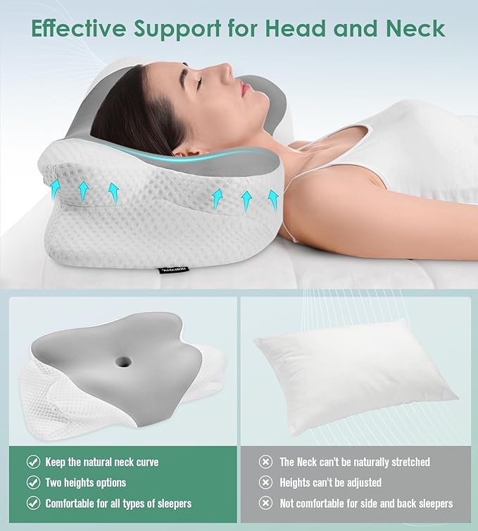DONAMA Cervical Pillow for Sleeping, Contour Memory Foam Pillow for Neck and Shoulder Support, Ergonomic Neck Pillow for Side Back Stomach Sleepers, Bed Pillows with Cooling Pillowcase