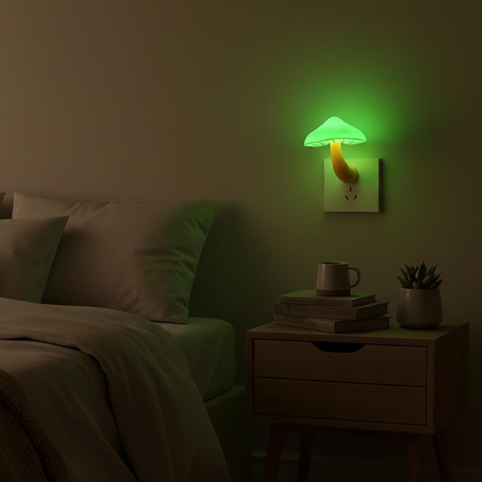 LED Mushroom Night Light Plug in Lamp, Light Sensor Night Lights | Plug into Wall, Dusk to Dawn Sensor Night Light for Adults Kids Room Bedroom Bathroom Hallway Kitchen (1, Green)