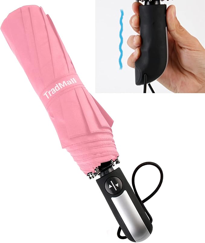 TradMall Travel Umbrella Windproof with 56 Inches Large Canopy 10 Reinforced Fiberglass Ribs Ergonomic Handle Auto Open & Close, Pink