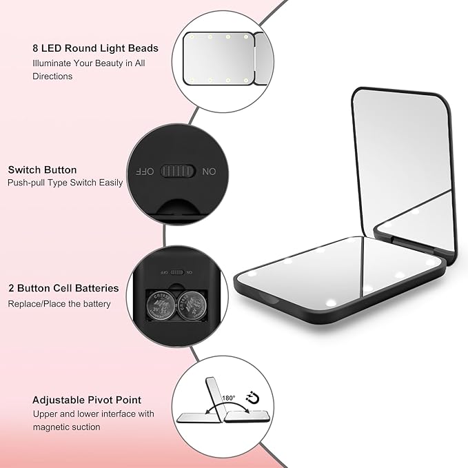 Kakuje Compact Mirror, 1X/3X Magnification LED Pocket Mirror with Nternal BIattery, Mini Mirror for Purse, Pocket,Travel and Present (Black)