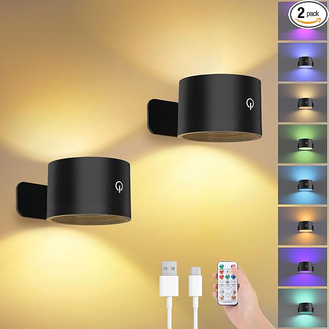 Lightess Battery Operated Wall Sconce Black, Remote Control, Set of 2 | 5000mAh Rechargeable, 19 Colors Dimmable, Stick on Wall Lights for Hallway, Bedroom, Living Room