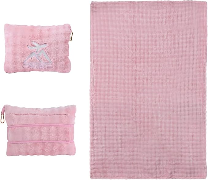 Travel Blanket and Pillow-2-in-1, Ultra-Soft&Compact, Airplane Blanket with Hand Luggage Belt and Backpack Clip,Travelers Accessories Gifts, 61x43 Inches(Pink