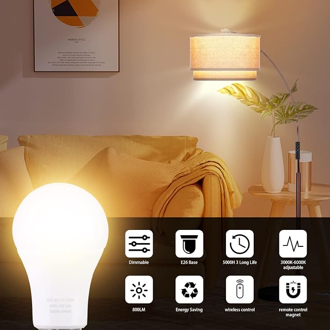 A19 LED Light Bulbs with Remote Control, 800LM 9W (60W Equivalent) Bulbs,Stepless Dimmable 3000K-6000K,E26 Base,CRI 80+,2.4GHz,25000+ Hours Lifespan,Light Bulb for Home Decor,4Bulb & 2Remote