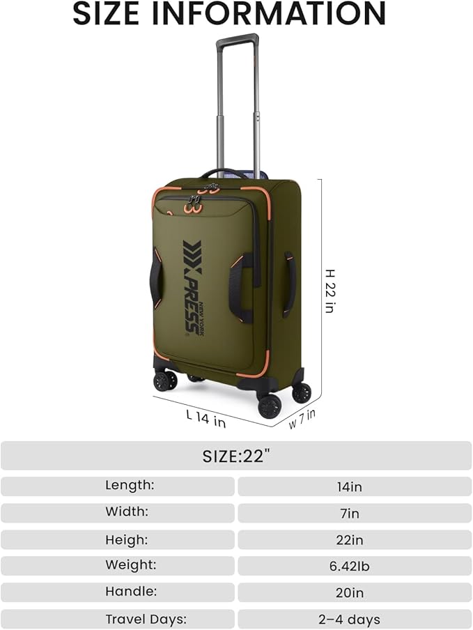 22" Luggage, Softside Suitcase w/Double Spinner Wheels, Waterproof,Lightweight Rolling Suitcases for Men/Women（Green,22in）