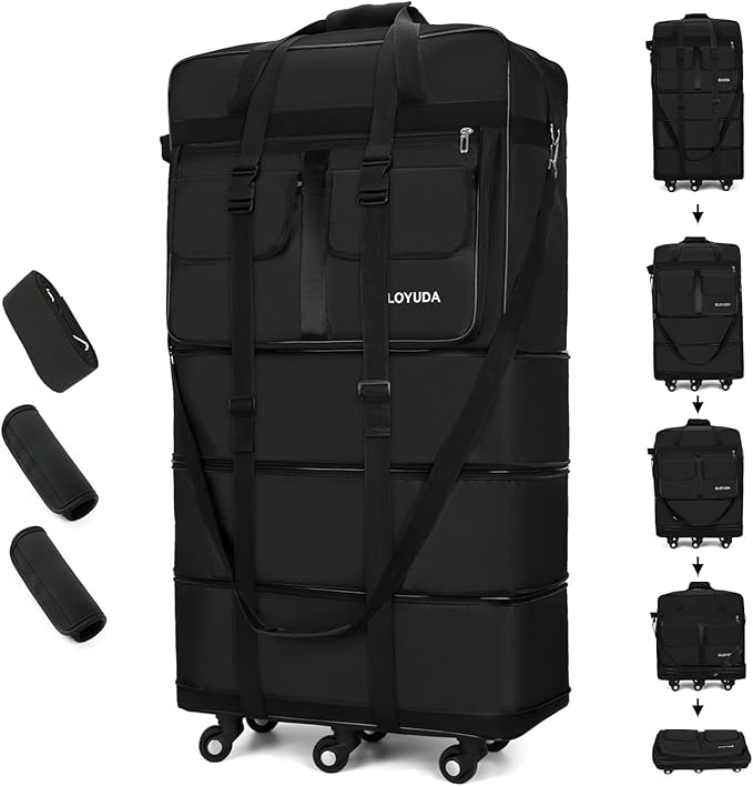 130L Expandable Luggage, 40 Inch Suitcase with Wheels, Collapsible Luggage with Wheels, Rolling Duffle Bag with wheels, Foldable Suitcasewith2Handle Wrap 2Fixing Straps 1Shoulder Strap (Black)