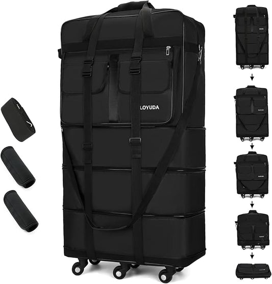 130L Expandable Luggage, 40 Inch Suitcase with Wheels, Collapsible Luggage with Wheels, Rolling Duffle Bag with wheels, Foldable Suitcasewith2Handle Wrap 2Fixing Straps 1Shoulder Strap (Black)