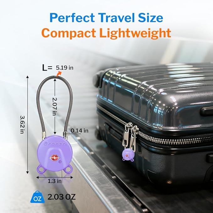 Forge TSA Approved Luggage Locks Ultra-Secure Dimple Key Locks, Cable Lock, for Travel with Zinc Alloy Body- 2 Purple Locks