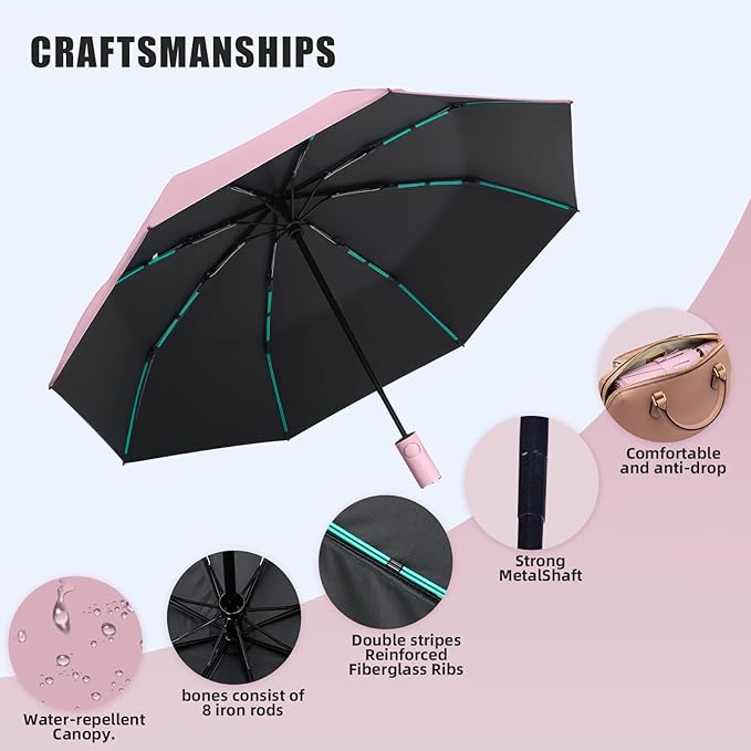 Compact Automatic Folding Travel Umbrella-Windproof Rainproof, PF50+ Sun Protection for Hiking,Outdoor,Chool,Golf Course & Daily Use,Sturdy Multi-Ribbed Frame