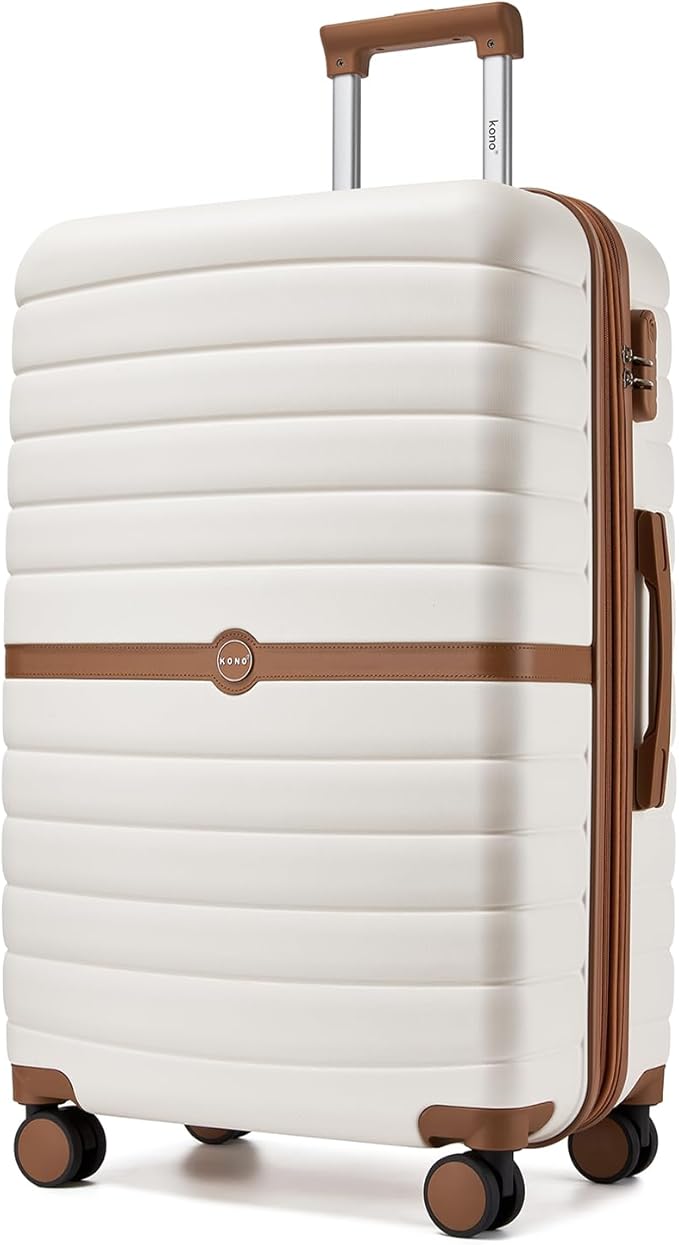 Kono Expandable 28 Inch Luggage with Spinner Wheels, Large Checked Luggage with Lock, Lightweight & Anti-Scratch PC+ABS Hardshell Travel Suitcase, White/Brown