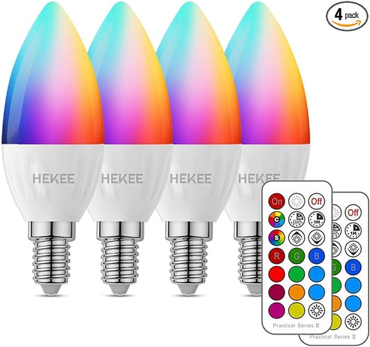E12 Candelabra Light Bulbs, 120V Color Changing Bulb with Remote, Plug-in Only, E12 Base, 12 RGB+2700K Warm White, 40W Equiv (5W), 450LM, Timer, 2 Modes, for Chandelier/Ceiling Fan, 4 Pack