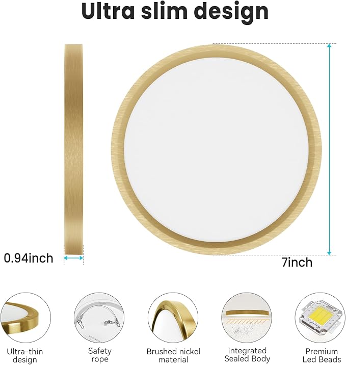 Libtit 7 Inch Golden Flush Mount Light, 15W Aureate Ceiling Light Fixture, 3000K/4000K/6500K Color Selectable, Gilded Round Lighting for Bedroom, Kitchen, Pantry, 4Pack