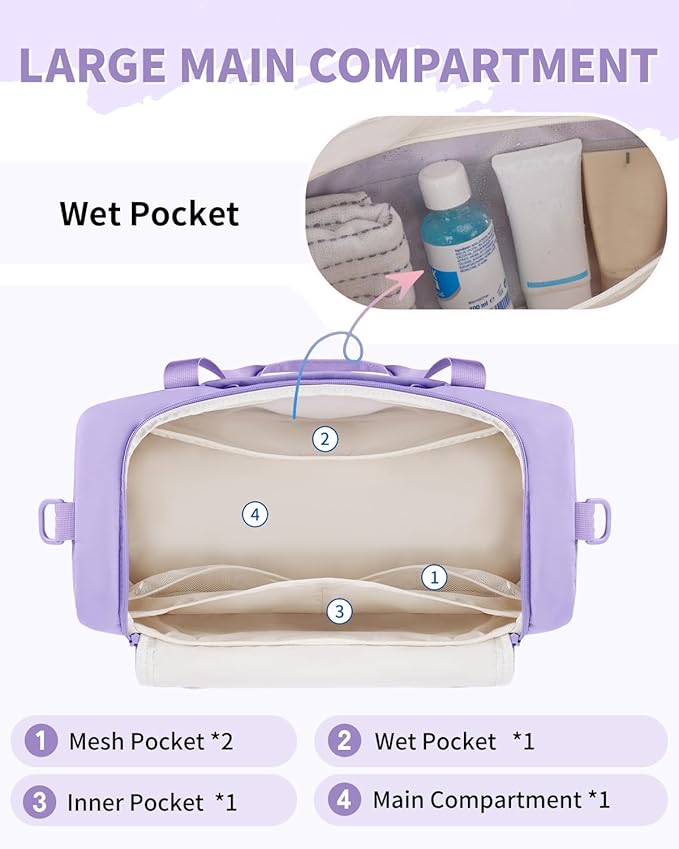 WANDF Travel Duffel Bag with Wet Pocket & Shoe Compartment, 18x14x8 Personal Item Bag with USB Charging Port, Water-Resistant Gym Weekender Overnight Carry-on for Women Men (Purple)