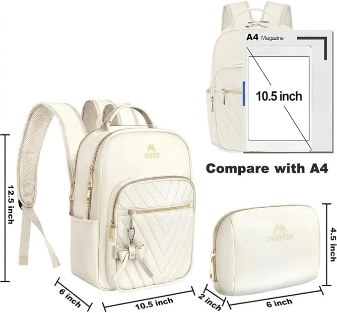 MATEIN Cute Backpacks for Women, Mini Stylish Daypack Purse, Waterproof Anti-theft Travel Casual Daily Rucksack Shoulder Handbag for Work College Dating, 2pcs Sets, Beige