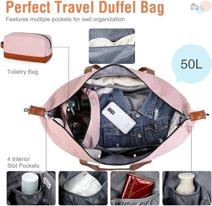 Weekender Bags for Women, Travel Duffle Bag Carry On Travel Bag Overnight Bag with Shoe Compartment Toiletry Bag, Large Weekend Tote Bag Gym Bag Hospital Bag for Labor and Delivery, 50L Quilted Pink