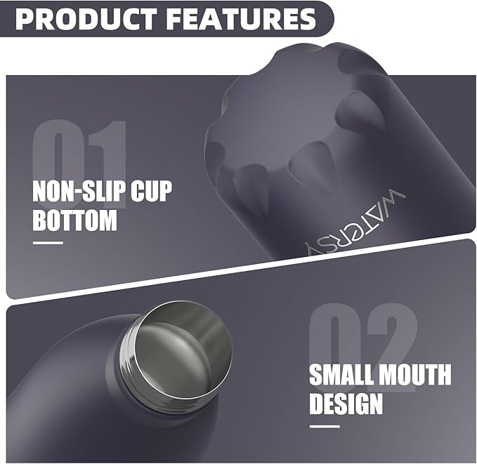WATERSY Stainless Steel water bottles,17oz/500ml Insulated Water Bottles,Dark Purple metal water bottle Keeps Drink Cold and Hot,BPA Free kids water bottles for School,Gym,Travel,Sports