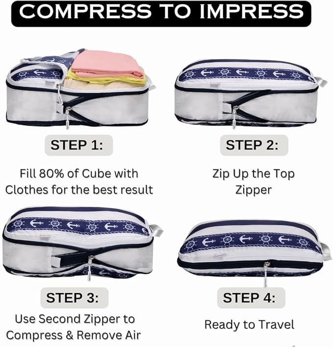 Compression Packing Cubes 3pc Set for Carry On Suitcase & Backpack, Organizer Bags for Kids & Adults, Packing Cubes for Travel 3pc Set - Cabana Stripe Navy