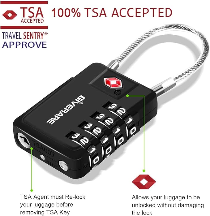 2 Pack TSA Approved Travel Luggage Locks 4-Digit, Metal Cable Suitcase Combination Lock, Alloy Keyless Zipper Padlocks, TSA Accepted Compatible Padlock for Gym Locker, Golf Bag Case, Anti Theft-Black