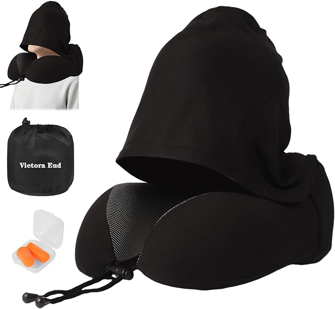 Travel Neck Pillow with 100% Light-Blocking Hood – Ergonomic Memory Foam Support Pillow for Airplane, Long Flights, Road Trips, Office and Car, Full Head and Neck Support with Skin-Friendly Cover