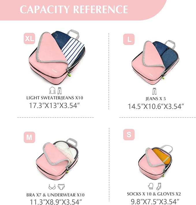 Gonex Compression Packing Cubes, 4pcs Expandable Storage Travel Luggage Bags Organizers (Pink)