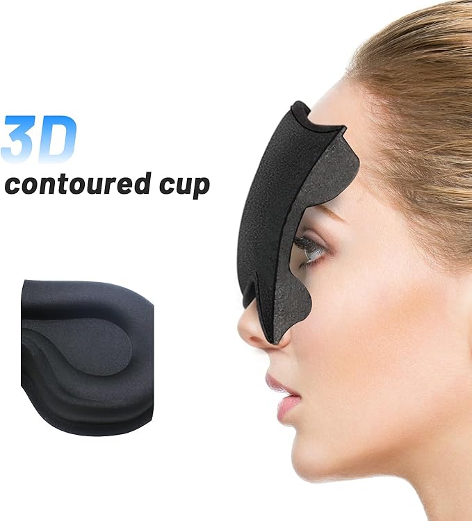 Sleep Eye Mask for Men Women, Sleeping Mask for Side Sleeper, Travel Blackout Night Blindfold Eye Shade Cover with Adjustable Strap (Black-3D)