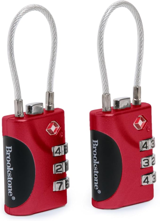 Brookstone Cable Lock - 2 Pack TSA-Approved 3-Digit Keyless Luggage Travel Lock - Resettable Combination Wire Padlock, Red