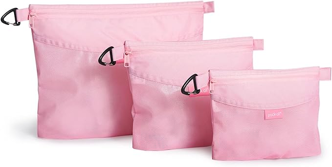 pack all 3 Pcs Water-resistant Material Zipper Pouch Set, Mesh Zipper Bags for Storage, Travel, Office (Pink)