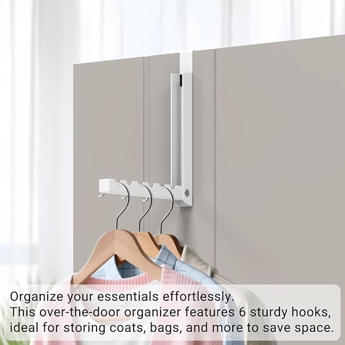 2-Pack Foldable Over-The-Door Hooks, Travel Portable Clothes Drying Rack, 6-Hook Space Saver for Clothing, Coats, Bags, Laundry Room, Bedroom, Bathroom, Entryway, Dorm - White