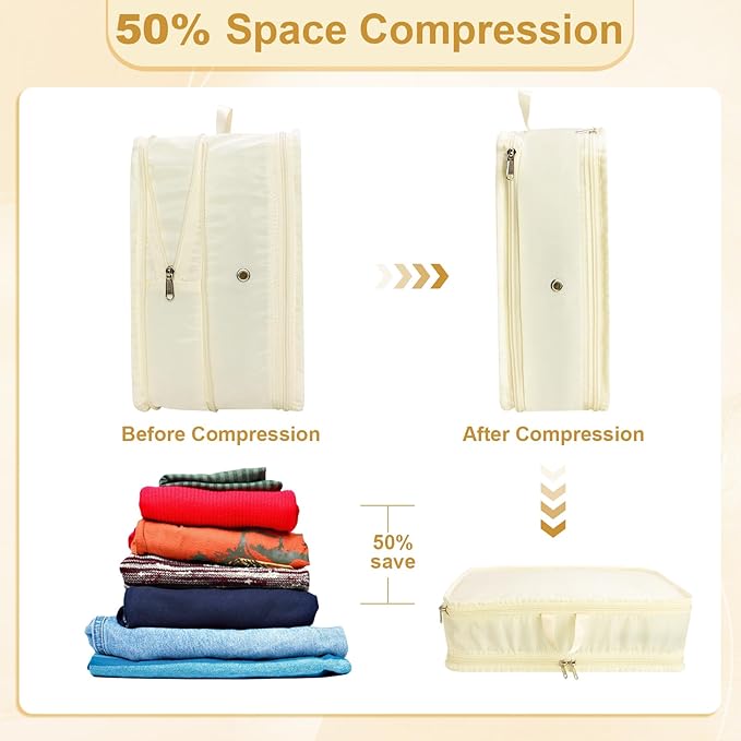 Compression Packing Cubes for Travel Essentials, 2pc Expandable Travel Cubes for Packing Bags Suitcase Organizer, Beige